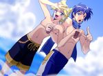  aida_ayako bad_id bad_pixiv_id blonde_hair blue_scarf cloud day glass headphones headset kagamine_len kaito male_focus multiple_boys project_diva project_diva_(series) scarf sky swimwear_(module) v vocaloid 