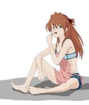  apron aqua_eyes bare_shoulders barefoot bra brown_hair candy collarbone feet food full_body highres legs lingerie lollipop long_hair neon_genesis_evangelion rebuild_of_evangelion ribs shikinami_asuka_langley shorts simple_background sitting solo souryuu_asuka_langley underwear yammy_(cellblo) 