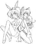  animal_ears animal_print back-to-back boots bunny_ears bunnysuit cat_ears gloves greyscale highres kneeling lineart monochrome multiple_girls outline sitting tail tiger_print 