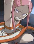  anemone_(eureka_seven) armpits breasts cleavage collar dress eureka_seven eureka_seven_(series) evil_grin evil_smile foreshortening grin hair_ornament hairclip haruyama_kazunori panties pantyshot pantyshot_(squatting) pink_hair purple_eyes small_breasts smile solo squatting underwear 