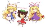  &gt;_&lt; :3 animal_ears bad_id bad_pixiv_id blonde_hair bow brown_hair cat_ears cat_tail chen chibi closed_eyes earrings fang fox_tail hair_bow hat heart heart_tail jewelry kyu_kyu_kyu_nyaa long_hair long_sleeves multiple_girls multiple_tails one_eye_closed open_mouth pillow_hat red_eyes reika_(clovia_studio) shoes short_hair socks tail tassel touhou white_background wide_sleeves x3 yakumo_ran yakumo_yukari yellow_eyes 