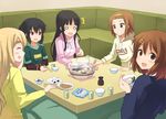  5girls :d akiyama_mio bangs black_hair blonde_hair blunt_bangs bottle bowl brown_hair casual chopsticks clothes_writing english food grin hair_ornament hairband hairclip hime_cut hirasawa_yui hood hoodie hotpot k-on! kotatsu kotobuki_tsumugi long_hair marshmallow multiple_girls nakano_azusa nishikawa_ari o_o onigiri open_mouth pom_pom_(clothes) pot rice_bowl short_hair smile sukiyaki table tainaka_ritsu taiyaki wagashi 