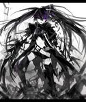  armor bad_id bad_pixiv_id belt black_hair black_rock_shooter boots chain greaves insane_black_rock_shooter long_hair loose_belt midriff navel pale_skin purple_eyes scar shionty shorts solo stitches thigh_boots thighhighs twintails 