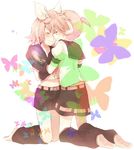  1girl bad_id bad_pixiv_id blonde_hair brother_and_sister bug butterfly hair_ribbon hug insect kagamine_len kagamine_rin kneeling ribbon sailor_collar short_hair shorts siblings smile tetsuo twins vocaloid 