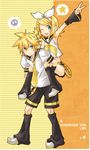  1girl aqua_eyes bad_id bad_pixiv_id blonde_hair brother_and_sister hair_ornament hair_ribbon hairclip holding kagamine_len kagamine_rin midriff mikipa necktie one_eye_closed ribbon sailor_collar short_hair shorts siblings smile sweat twins v vocaloid yellow_neckwear 