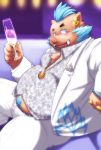  2018 anthro belly blush boar brown_fur clothed clothing drinks fur futokage gouryou humanoid_hands kiyo male mammal mohawk overweight overweight_male pants porcine shirt sitting solo tokyo_afterschool_summoners tusks 
