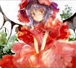  bat_wings between_thighs dress faux_traditional_media flower frilled_dress frills hat purple_hair red_eyes remilia_scarlet rose smile solo touhou ultimate_asuka v_arms wings 