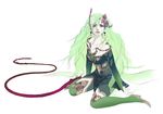  bare_shoulders blue_eyes boots earrings final_fantasy final_fantasy_iv final_fantasy_iv_the_after green_footwear green_hair highres jewelry long_hair official_art oguro_akira older rydia solo thighhighs whip 