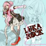  ak1zak1 black_nails blue_eyes gloves gothic_lolita headband headphones lolita_fashion long_hair megurine_luka nail_polish pink_hair ponytail punk shoes single_glove skirt smile socks solo staff striped striped_legwear very_long_hair vocaloid zoom_layer 