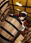  alcohol animal apron bad_id bad_pixiv_id barrel blush bottle brown_eyes brown_hair cheese copyright_request cup drinking_glass drunk dutch_angle food frills highres kacchuu maid maid_headdress mole mouse one_eye_closed open_mouth pantyhose ribbon sitting solo wine wine_glass 