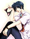  animal_ears blue_eyes blue_hair cat_ears clannad hikarizaka_private_high_school_uniform ikuhashi_muiko male_focus necktie okazaki_tomoya school_uniform solo tongue watch wristwatch 