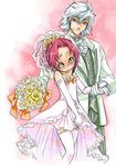  1girl blue_eyes blush bouquet bride copyright_request couple curly_hair dress flat_chest flower hetero red_hair shy smile suika_(suika-dokei) thighhighs tuxedo wedding wedding_dress white_hair white_legwear yellow_eyes 