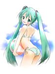  ass bad_id bad_pixiv_id ball beachball bikini green_eyes green_hair hatsune_miku long_hair looking_back project_diva project_diva_(series) saeki_touma solo striped striped_bikini swimsuit swimwear_(module) twintails vocaloid 