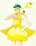  bare_shoulders bird blue_hair bubble_skirt crossdressing diamond_wa_kudakenai duck earrings headband jewelry jojo_no_kimyou_na_bouken kishibe_rohan magical_girl male_focus rubber_duck sagi skirt solo staff traditional_media watercolor_(medium) 