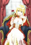  absurdres ahoge blonde_hair breasts chair cleavage curtains dress epaulettes fate/extra fate_(series) flower green_eyes hair_ribbon highres looking_at_viewer medium_breasts nero_claudius_(fate) nero_claudius_(fate)_(all) petals red_dress red_flower red_rose ribbon rose rose_petals shimaneko short_hair sitting solo 