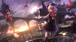  architecture blonde_hair bridge brown_hair cloud floating_city flower flying hat highres horizon instrument keyboard_(instrument) looking_at_viewer lunasa_prismriver lyrica_prismriver merlin_prismriver multiple_girls music one_eye_closed playing_instrument purple_eyes red_eyes rose ryosios scenery short_hair sky sunset touhou trumpet twilight violin 