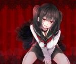  black_hair breasts brown_eyes collar lace_border looking_at_viewer medium_breasts original parted_lips ripu_(sherypton) school_uniform serafuku sitting socks solo striped striped_background two_side_up v_arms vertical-striped_background vertical_stripes wariza white_legwear 