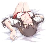  ;d akagi_(kantai_collection) blush breasts brown_eyes brown_hair downblouse jewelry kantai_collection knees_up large_breasts long_hair lying on_back one_eye_closed open_mouth ring smile solo tears upside-down wedding_band yumesato_makura 