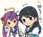  :o ahoge akebono_(kantai_collection) arm_support bell black_hair blue_eyes blush comic commentary flower hair_bell hair_flower hair_ornament holding holding_pencil jingle_bell kantai_collection long_hair looking_at_viewer md5_mismatch multiple_girls neck_ribbon otoufu pencil purple_hair ribbon school_uniform serafuku side_ponytail smile translated ushio_(kantai_collection) very_long_hair wooden_pencil 