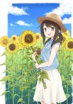  :d blue_eyes breast_pocket brown_hair casual cloud day flower hat highres long_hair low_twintails okiru open_mouth original pocket shirt skirt sky sleeveless sleeveless_shirt smile solo straw_hat sun_hat sunflower twintails 