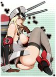  armband ass bare_shoulders bismarck_(kantai_collection) black_panties blonde_hair blue_eyes breasts breasts_outside bullet_hole gloves hand_to_own_mouth harumaki hat iron_cross izayoi_seishin kantai_collection large_breasts lips long_hair nipples panties parted_lips peaked_cap solo thighhighs thong underwear 