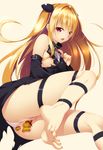  anal anal_object_insertion bad_id bad_pixiv_id barefoot blonde_hair breasts detached_sleeves food food_insertion highres konjiki_no_yami legs long_hair nipples object_insertion panties panties_aside pink_eyes shokuyou_mogura small_breasts solo taiyaki thigh_strap to_love-ru toes underwear vaginal vaginal_object_insertion wagashi 