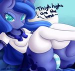  abstract_background anthro bedroom_eyes blue_fur blue_hair clothing cutie_mark equine feathers female friendship_is_magic fur hair hooves horn horse legwear long_hair looking_at_viewer lying mammal my_little_pony on_back panties pony presenting princess_luna_(mlp) smile solo stockings teal_eyes text thigh_highs underwear winged_unicorn wings zodiacnicola 