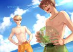  ball black_hair blonde_hair blue_sky buck_teeth cloud day dirk_strider glasses green_eyes hands_on_hips homestuck jake_english multiple_boys ocean open_mouth short_hair sky smile sunglasses swimsuit ti9931 