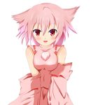  absurdres animal_ears bare_shoulders blush breast_squeeze breasts detached_sleeves hat highres inubashiri_momiji koyuki_shiro_(yuki_neko) looking_at_viewer medium_breasts open_mouth pink_hair pom_pom_(clothes) red_eyes short_hair simple_background solo touhou v_arms white_background wolf_ears 