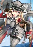  :d akasaai battleship bismarck bismarck_(kantai_collection) blonde_hair blue_eyes breasts detached_sleeves gloves grey_legwear hat highres kantai_collection long_hair machinery medium_breasts military military_uniform military_vehicle open_mouth outstretched_hand peaked_cap ship smile solo thighhighs uniform v v_over_eye warship watercraft 