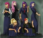  applejack back banchou baseball_bat black_serafuku blonde_hair blue_hair cigarette delinquent fluttershy gakuran gang long_hair long_skirt looking_at_viewer mohawk multicolored_hair multiple_girls my_little_pony my_little_pony_friendship_is_magic personification pink_hair pinkie_pie ponytail purple_eyes purple_hair rainbow_dash rarity school_uniform serafuku skirt squatting sukeban surgical_mask sweater twilight_sparkle 