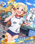  :d audience beamed_eighth_notes blonde_hair blue_buruma borrowing_race buruma canadian_flag card_(medium) character_name character_signature emily_stewart flags_of_all_nations gym_uniform hairband idolmaster idolmaster_million_live! musical_note official_art open_mouth paper print_shirt purple_eyes shirt smile solo_focus sports_festival stadium string_of_flags union_jack white_shirt 
