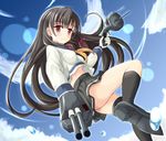  asymmetrical_legwear bangs black_hair blue_sky blunt_bangs blush breasts gloves grey_skirt highres hiiragi_tomoka hime_cut isokaze_(kantai_collection) kantai_collection kneehighs long_hair long_sleeves looking_at_viewer machinery neckerchief pleated_skirt red_eyes sailor_collar school_uniform serafuku sidelocks single_kneehigh single_thighhigh skirt sky small_breasts smile solo thighhighs underboob water_drop white_gloves 