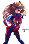  bangs black_bodysuit blue_eyes bodysuit boyaking breasts breasts_apart brown_hair copyright_name cowboy_shot evangelion:_3.0_you_can_(not)_redo eyepatch gloves glowing glowing_eye green_eyes grin hand_on_hip hand_on_own_thigh head_tilt headgear heterochromia leaning_forward legs_apart light_trail long_hair looking_at_viewer medium_breasts multicolored multicolored_bodysuit multicolored_clothes neon_genesis_evangelion number one_eye_covered parted_bangs pilot_suit plugsuit rebuild_of_evangelion red_bodysuit shikinami_asuka_langley simple_background smile solo souryuu_asuka_langley standing turtleneck two_side_up white_background 