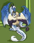  avian balls beak blajn claws dragon feathers female gryph000 gryphon horn male open_mouth penetration penis scalie sex simple_background wings 