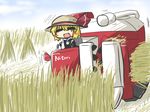  =_= blonde_hair blush_stickers chibi combine_harvester commentary fang farmer goma_(gomasamune) hair_ribbon hat open_mouth ribbon rumia short_hair solo straw_hat touhou wheat_field 
