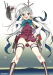  :d ahoge blue_eyes blush bow bowtie cross-laced_footwear grey_hair hand_on_hip highres kantai_collection kiyoshimo_(kantai_collection) long_hair looking_at_viewer naitou_ryuu no_legwear open_mouth revision skirt smile solo thigh_strap twintails 