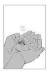  bird c-button chick chicken cupping_hands egg greyscale hands hatching highres in_palm kantai_collection monochrome simple_background translated 