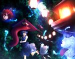  bad_id bad_pixiv_id blue_eyes bow chouchin_obake flying forest full_moon ghost_costume hair_bow head heterochromia highres juji lantern magic miyako_yoshika moon multiple_girls nature night paper_lantern red_eyes red_hair sekibanki short_hair skirt stairs tatara_kogasa tongue tongue_out touhou vest youkai 