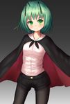  antennae black_legwear blush cape denim denim_shorts dress_shirt gradient gradient_background green_eyes green_hair highres legwear_under_shorts long_sleeves looking_away pantyhose shirt shone short_hair short_shorts shorts smile solo standing touhou white_shirt wriggle_nightbug 