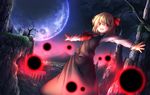  :d ascot bare_tree blonde_hair celtic_cross cross darkness hair_ribbon highres minamina moon mountain night open_mouth outstretched_arms red_eyes ribbon rumia shirt short_hair skirt smile spread_arms touhou tree vest 