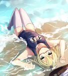  aqua_eyes arms_up blonde_hair breasts glasses i-8_(kantai_collection) kantai_collection looking_at_viewer lying medium_breasts name_tag on_back one-piece_swimsuit plan_(planhaplalan) red-framed_eyewear school_swimsuit semi-rimless_eyewear sketch solo swimsuit thighhighs under-rim_eyewear upside-down white_legwear 