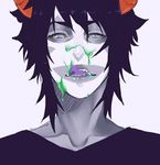  black_hair fangs gamzee_makara grey_skin homestuck horns licking_lips makeup male_focus mookie purple_eyes sharp_teeth smile solo teeth tongue tongue_out troll_(homestuck) upper_body yellow_sclera 