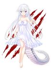  47agdragon bare_shoulders barefoot blue_eyes breasts collarbone colored_eyelashes dragon_girl dragon_tail dress highres long_hair looking_at_viewer medium_breasts original pointing pointy_ears smile solo strapless strapless_dress tail very_long_hair white_dress white_hair 