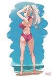  arms_up ass bare_legs barefoot breasts brown_eyes don_michael from_behind grey_hair idolmaster idolmaster_(classic) kneepits large_breasts long_hair looking_back one-piece_swimsuit pink_swimsuit ponytail shijou_takane signature solo standing swimsuit 