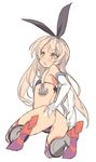  :o ass bikini black_bikini blade_(galaxist) blonde_hair elbow_gloves flat_chest from_behind gloves hairband hands_on_ass kantai_collection kneeling long_hair looking_at_viewer pantyhose shimakaze_(kantai_collection) solo striped striped_legwear swimsuit thighhighs white_background yellow_eyes 