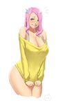  ass bare_shoulders biting blue_eyes blush bra_strap breasts cleavage cropped_legs fluttershy highres large_breasts lip_biting long_hair looking_at_viewer lvl_(sentrythe2310) my_little_pony my_little_pony_friendship_is_magic off_shoulder personification pink_hair shy solo sweatdrop sweater 