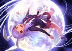  animal_ears blazer bunny_ears extra_ears floating full_body full_moon highres jacket kunieda long_hair looking_at_viewer moon night night_sky open_mouth purple_hair red_eyes reisen_udongein_inaba skirt sky solo star_(sky) touhou upside-down 