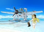  aircraft airplane blonde_hair boots cat cloud day f4f_wildcat helmet highres laundry long_hair military ocean original pontoon seaplane sky solo suzushiro_(gripen39) wading 