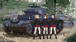  akaboshi_koume black_hair blue_eyes boots brown_eyes brown_hair caterpillar_tracks emblem flag forest fuzuki_hajime garrison_cap girls_und_panzer glasses ground_vehicle hat itsumi_erika kuromorimine_(emblem) kuromorimine_military_uniform long_hair looking_at_viewer making_of military military_uniform military_vehicle motor_vehicle multiple_girls nature nishizumi_miho panzerkampfwagen_i panzerkampfwagen_ii revision ritaiko_(girls_und_panzer) sangou_(girls_und_panzer) school_uniform short_hair silver_hair skirt smile tank tree uniform white_flag 